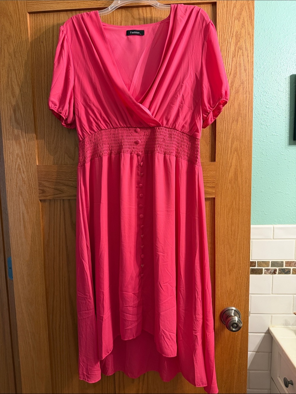 Fashion Nova Hot Pink High-Low V-Neck Smocked Waist Dress